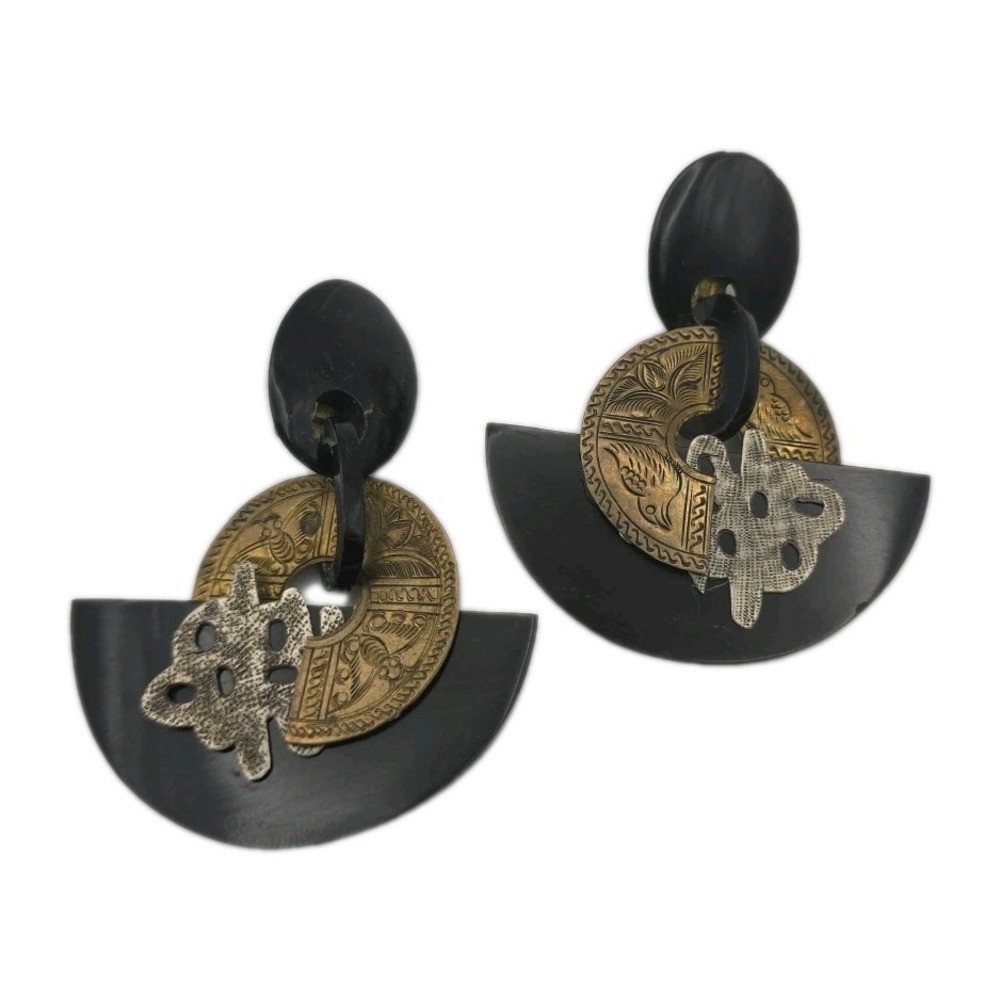 Vintage Large Chunky Asian Inspired Lucite Etched Brass Dangle Clip-on Earrings